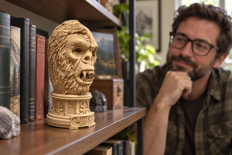 AI-staged scene of the Bigfoot skull bust on a collector’s home office shelf