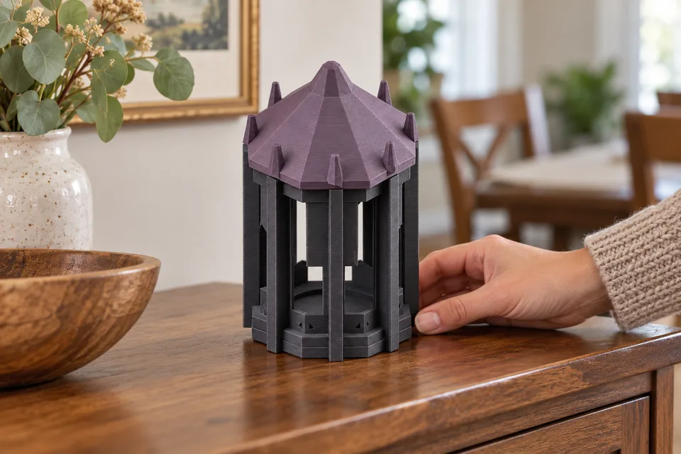 AI-staged scene of a hand placing the black and purple Gothic Cathedral Lantern on a sideboard