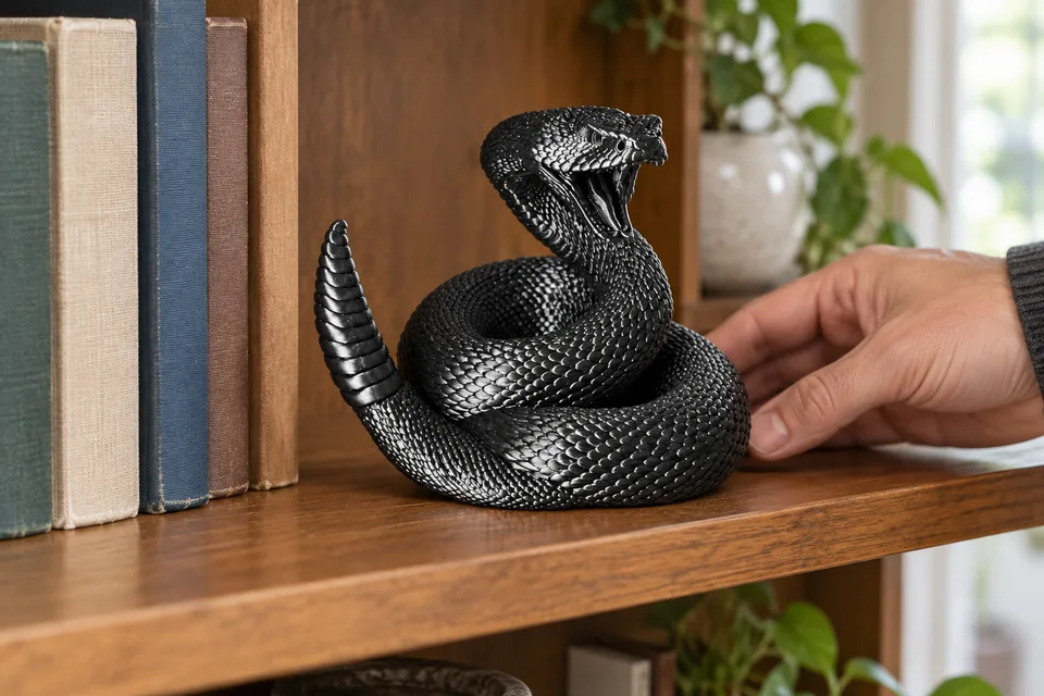 AI-staged scene of a hand placing the metallic black rattlesnake sculpture on a wooden bookshelf