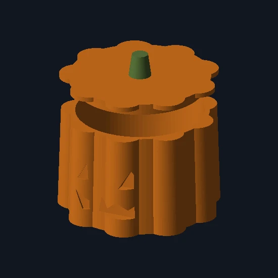 Jack-o’-Lantern Storage Box CAD prototype with lid lifted; not a finished product photograph